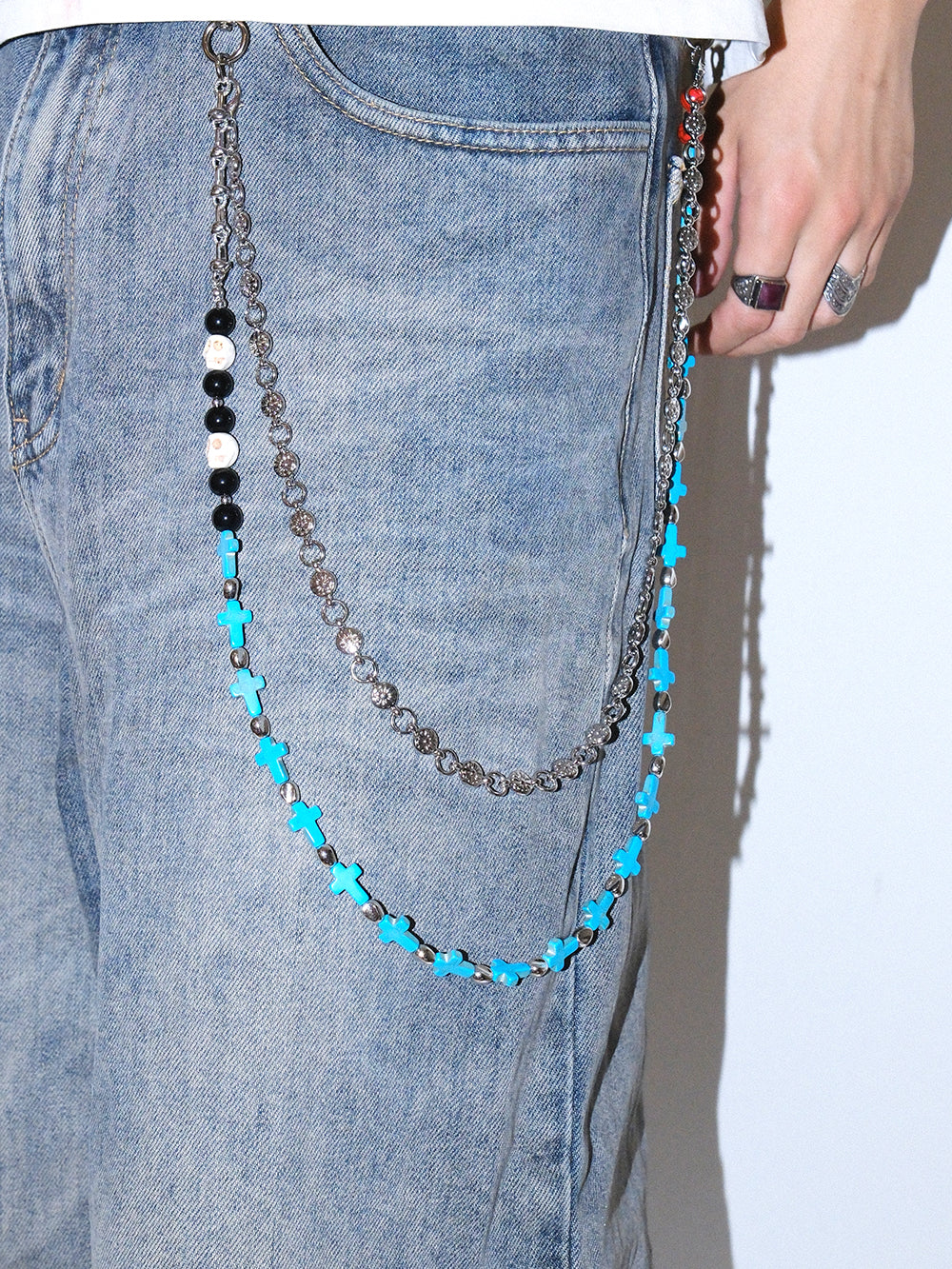 Blue Skull Cross Studded Pants Chain
