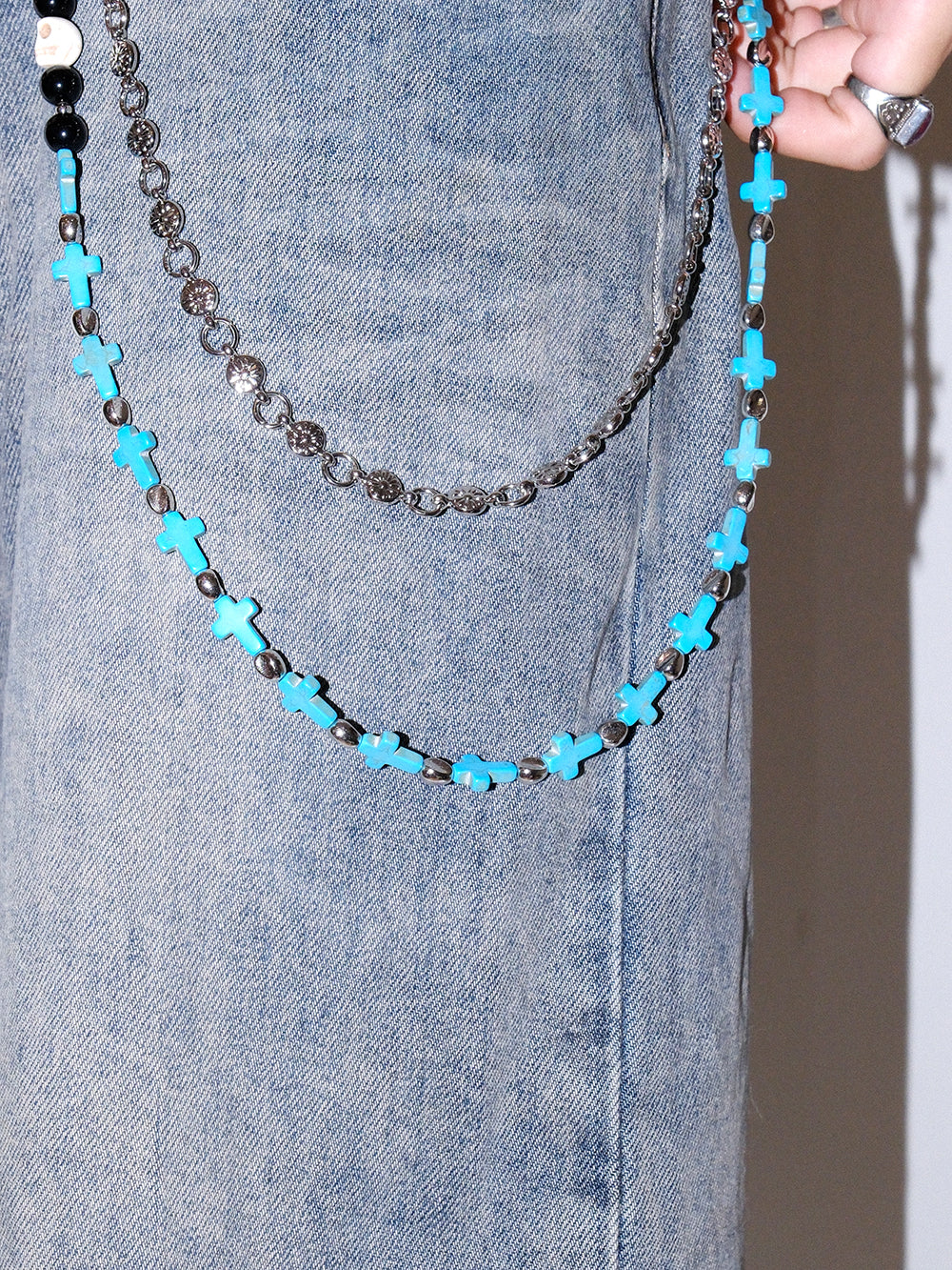 Blue Skull Cross Studded Pants Chain