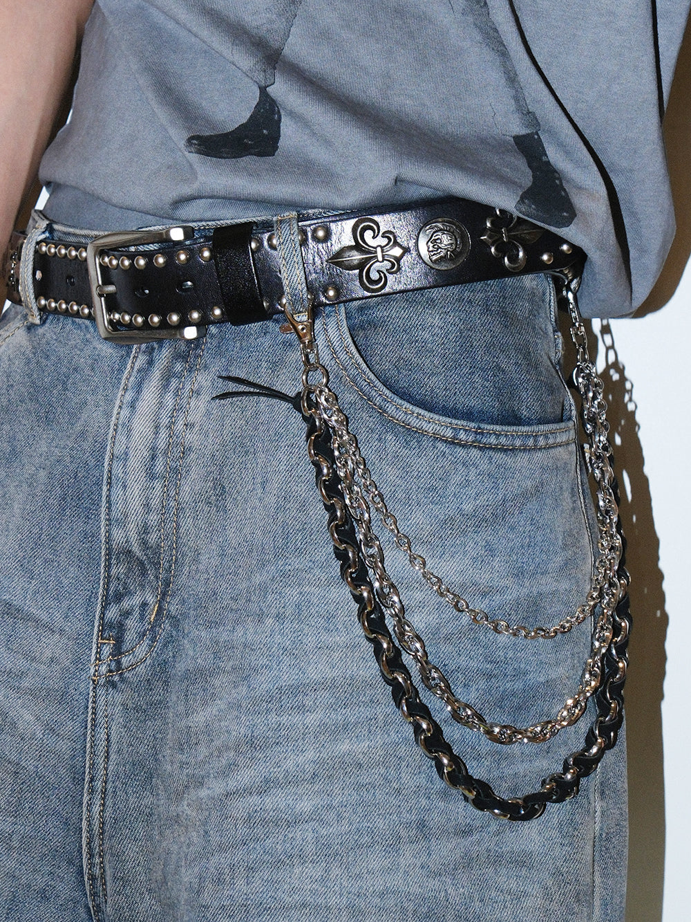 Braided Leather Triple Chain Metal Hook Pants Chain