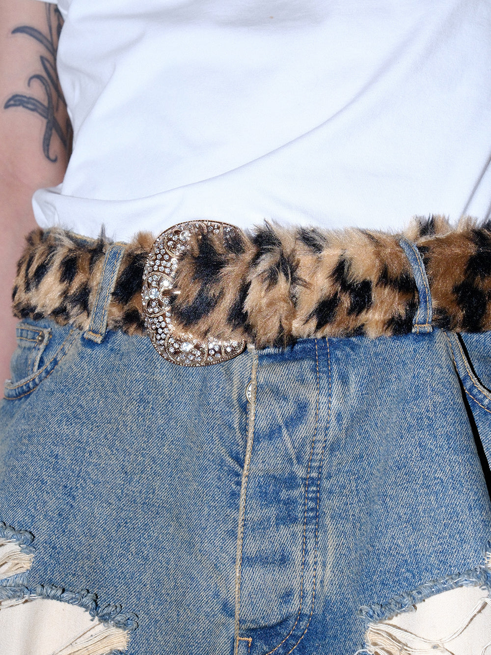 Y2K Retro Faux Fur Leopard Rhinestone Belt