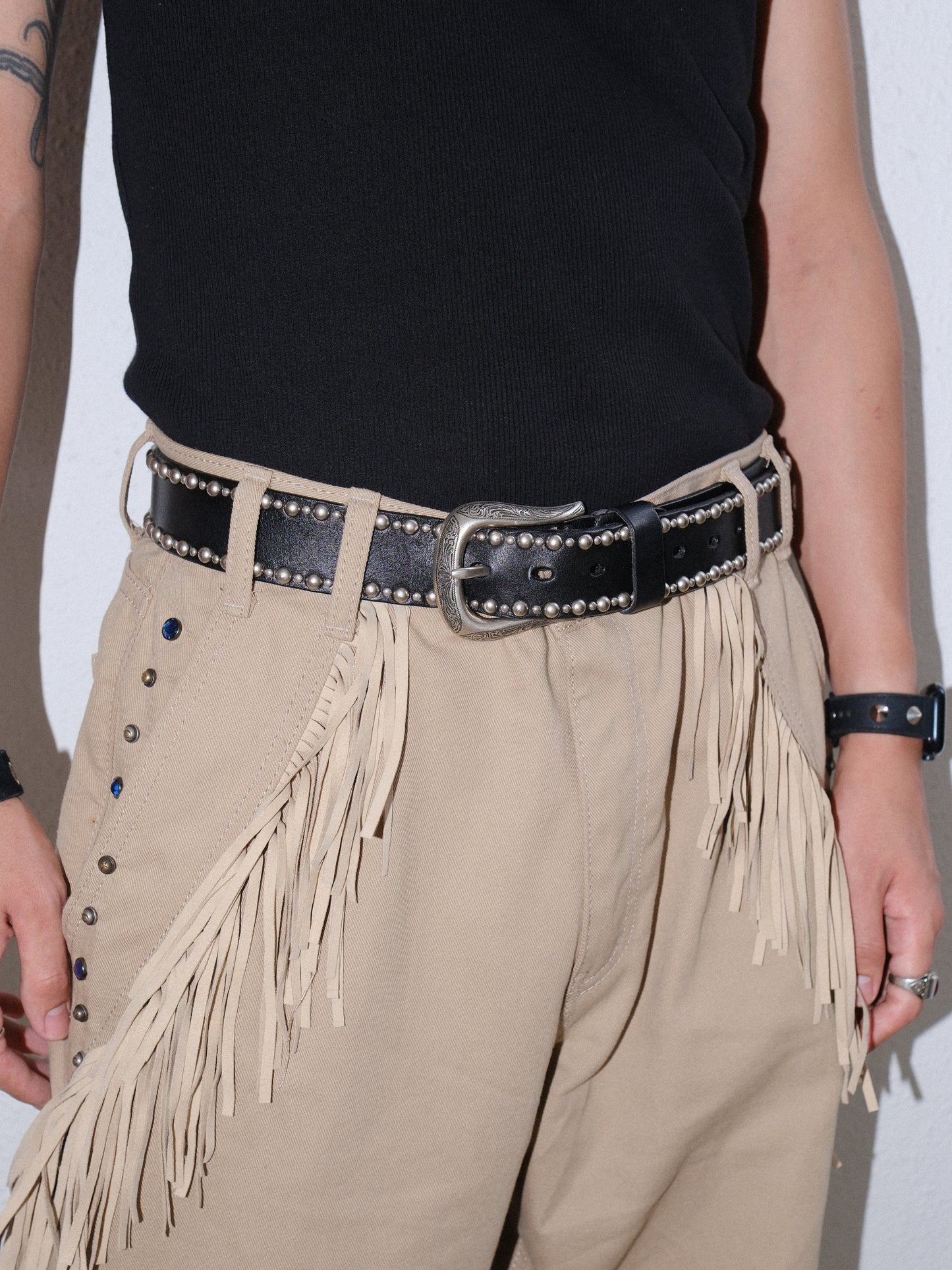 Genuine Leather Mixed Stud Carved Buckle Belt