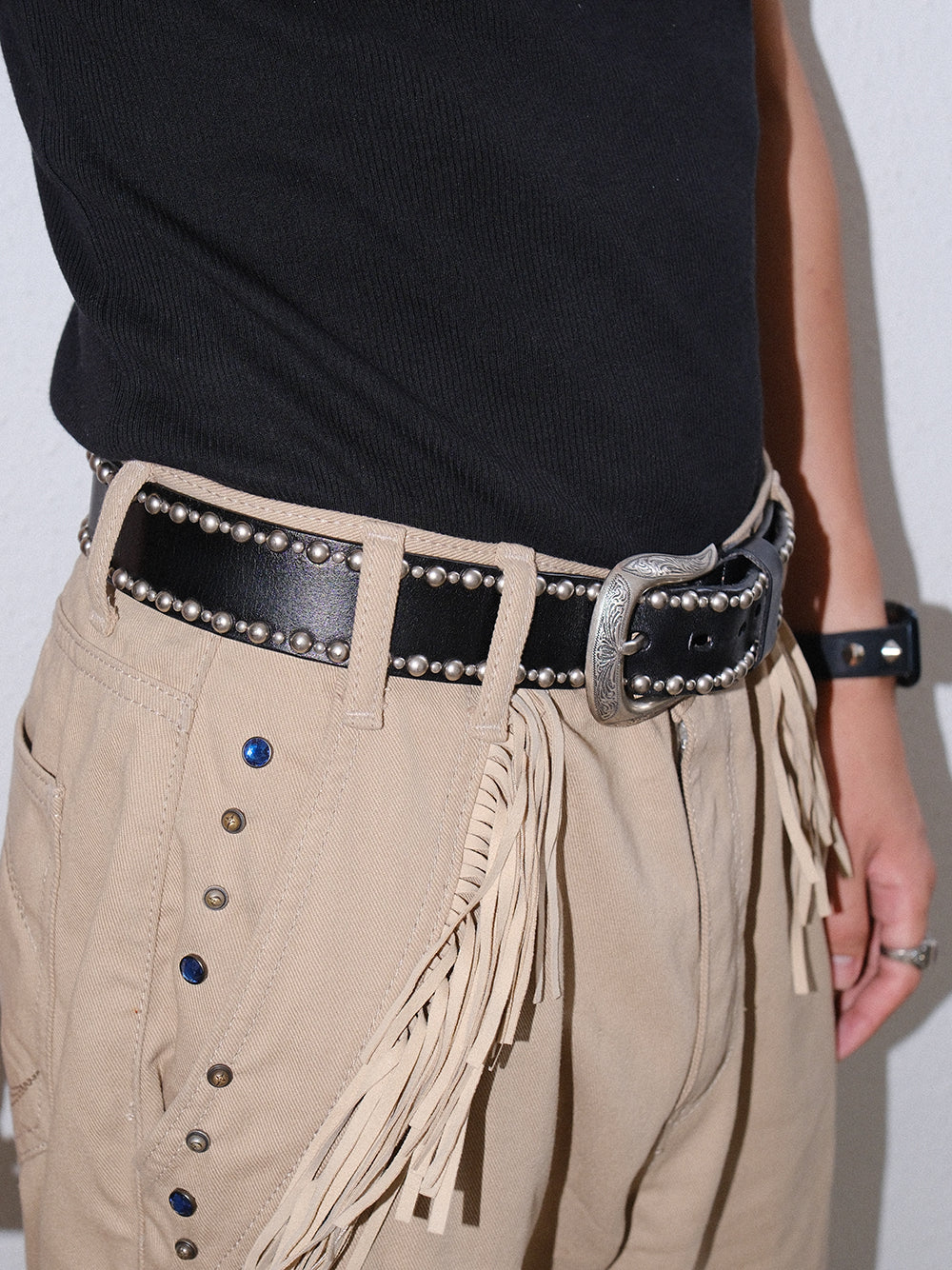 Genuine Leather Mixed Stud Carved Buckle Belt