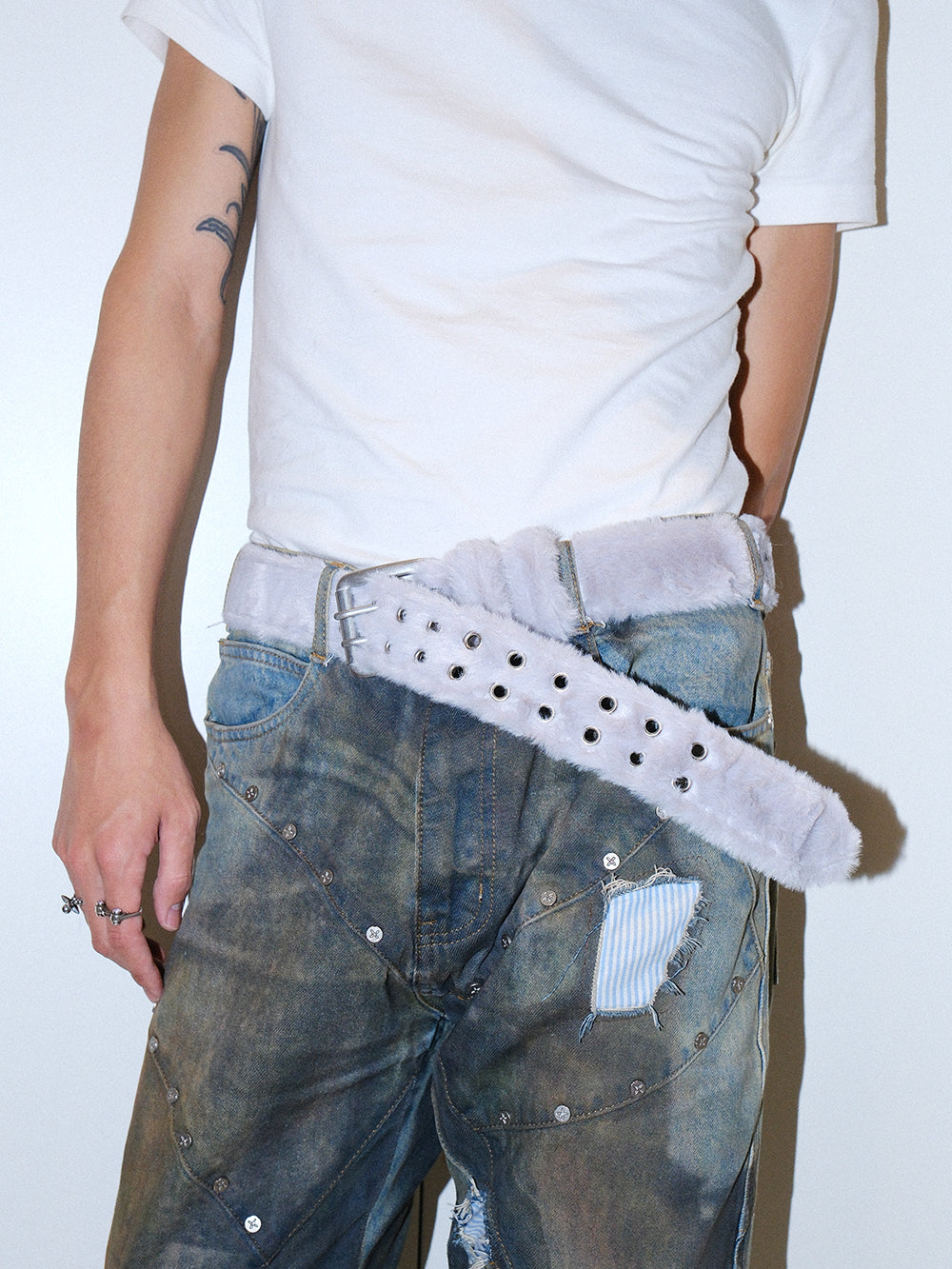 Y2K Long Hair Fur Leather Studded Belt