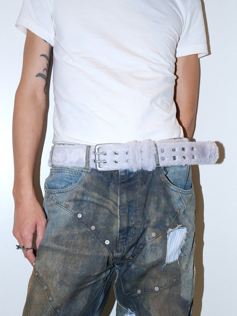 Y2K Long Hair Fur Leather Studded Belt