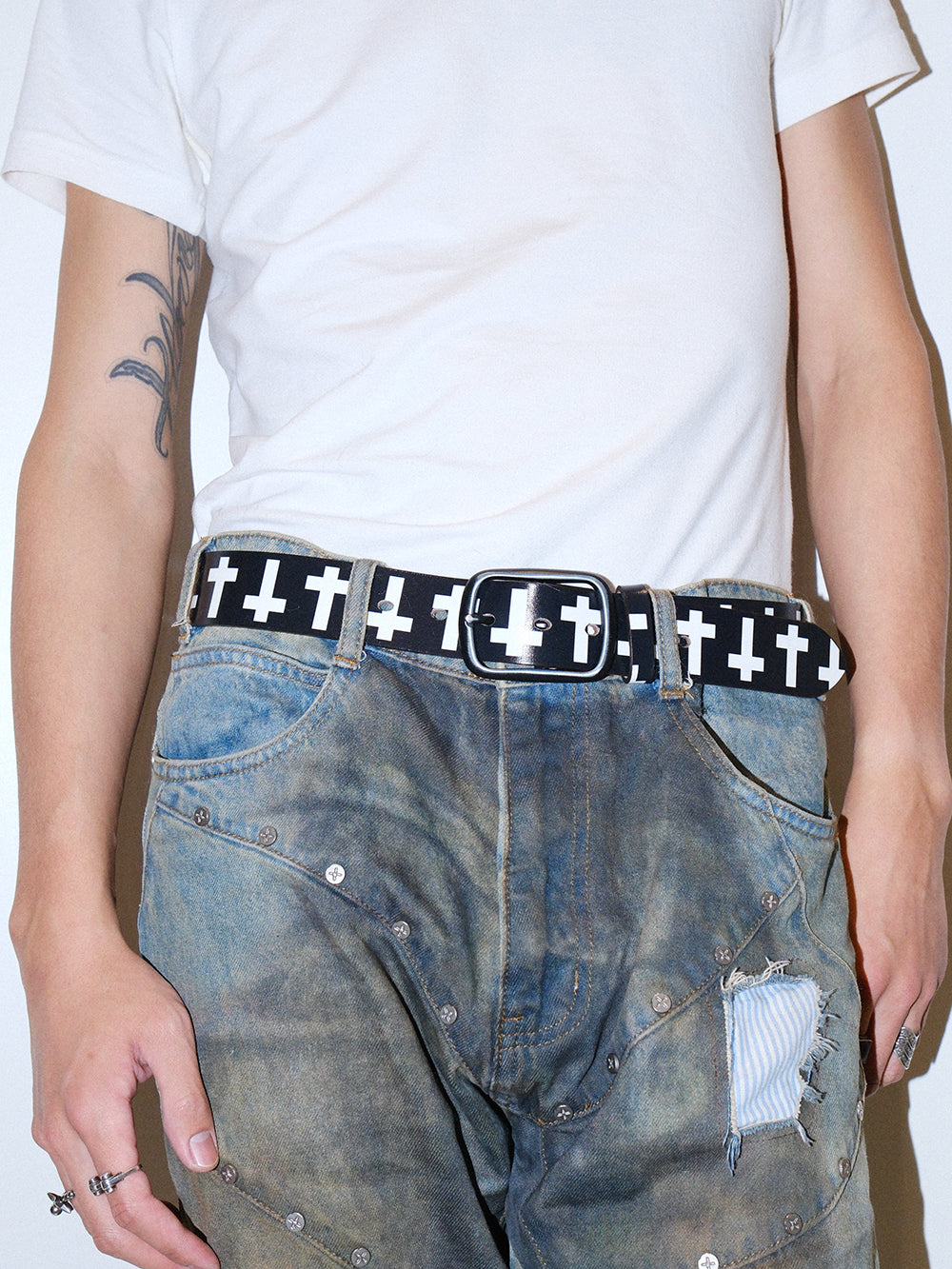Punk Vintage Cross Print Distressed Leather Belt
