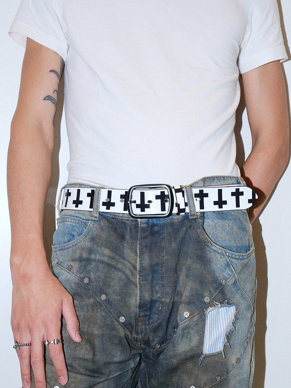 Punk Vintage Cross Print Distressed Leather Belt