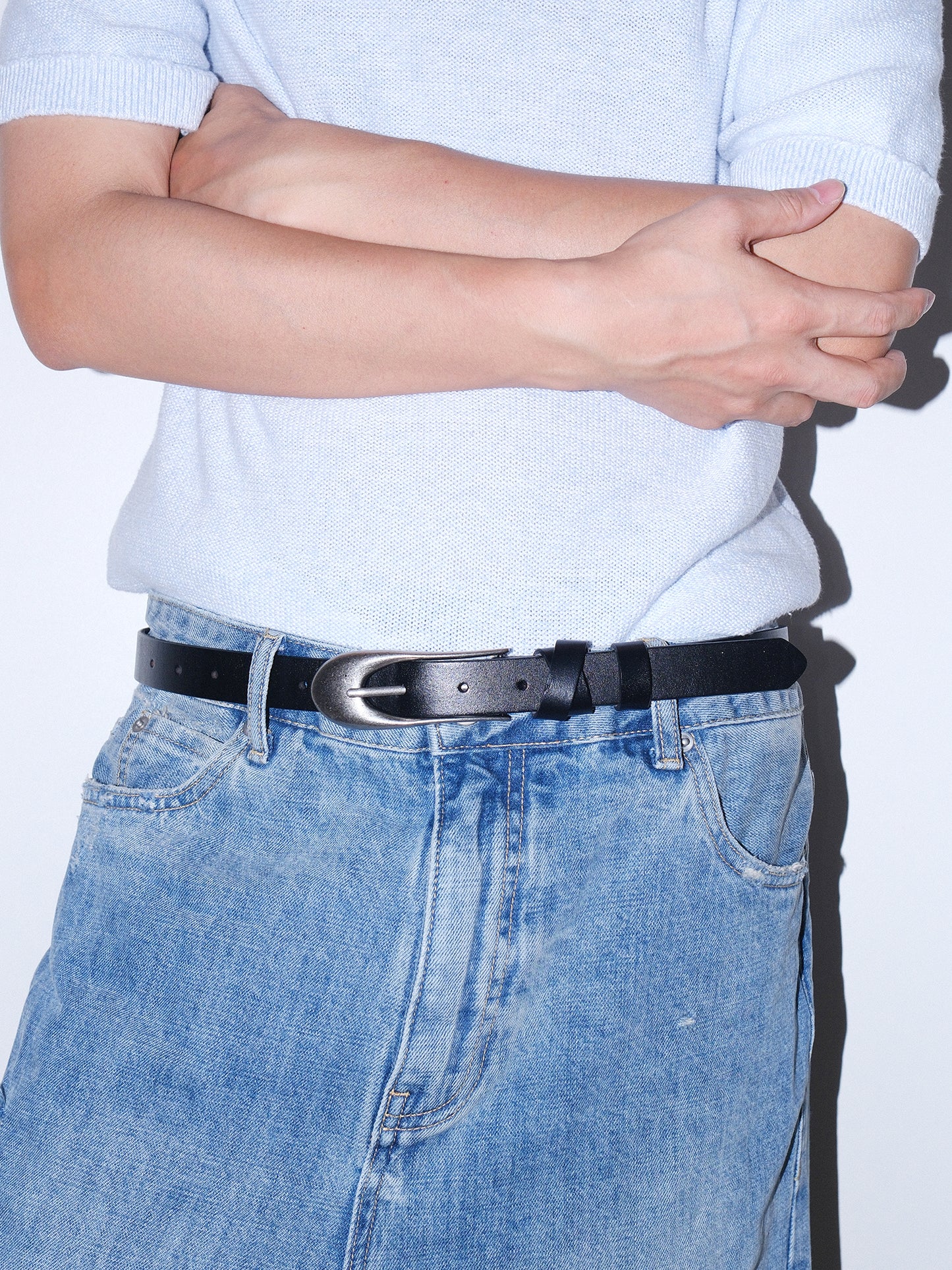 Genuine Leather Distressed Silver Buckle Slim Belt