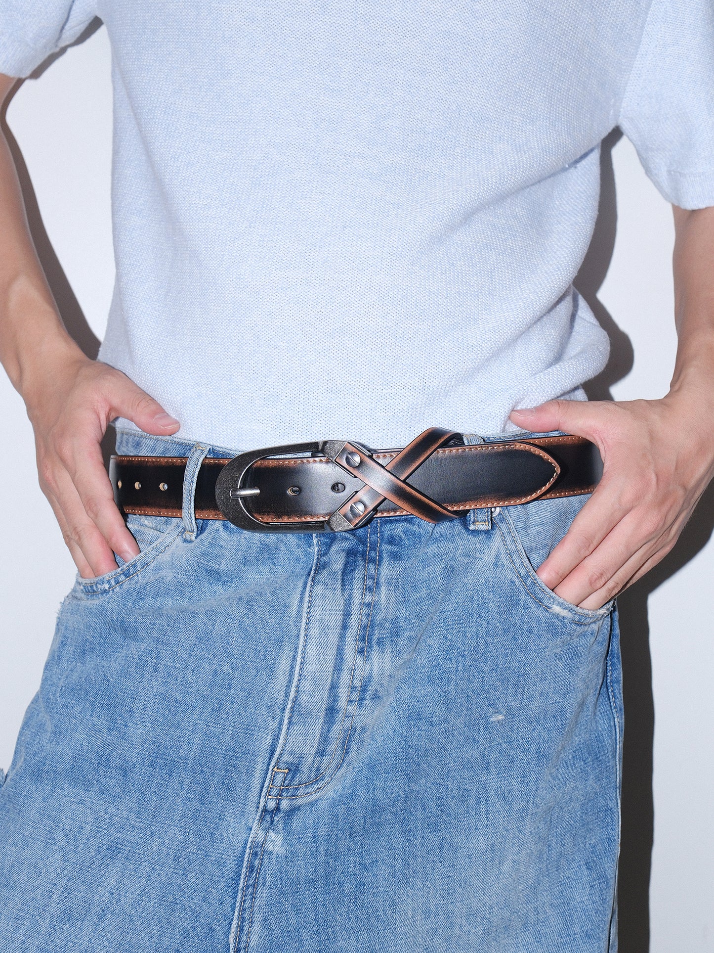 Distressed Cross Buckle Yellow Cowhide Belt