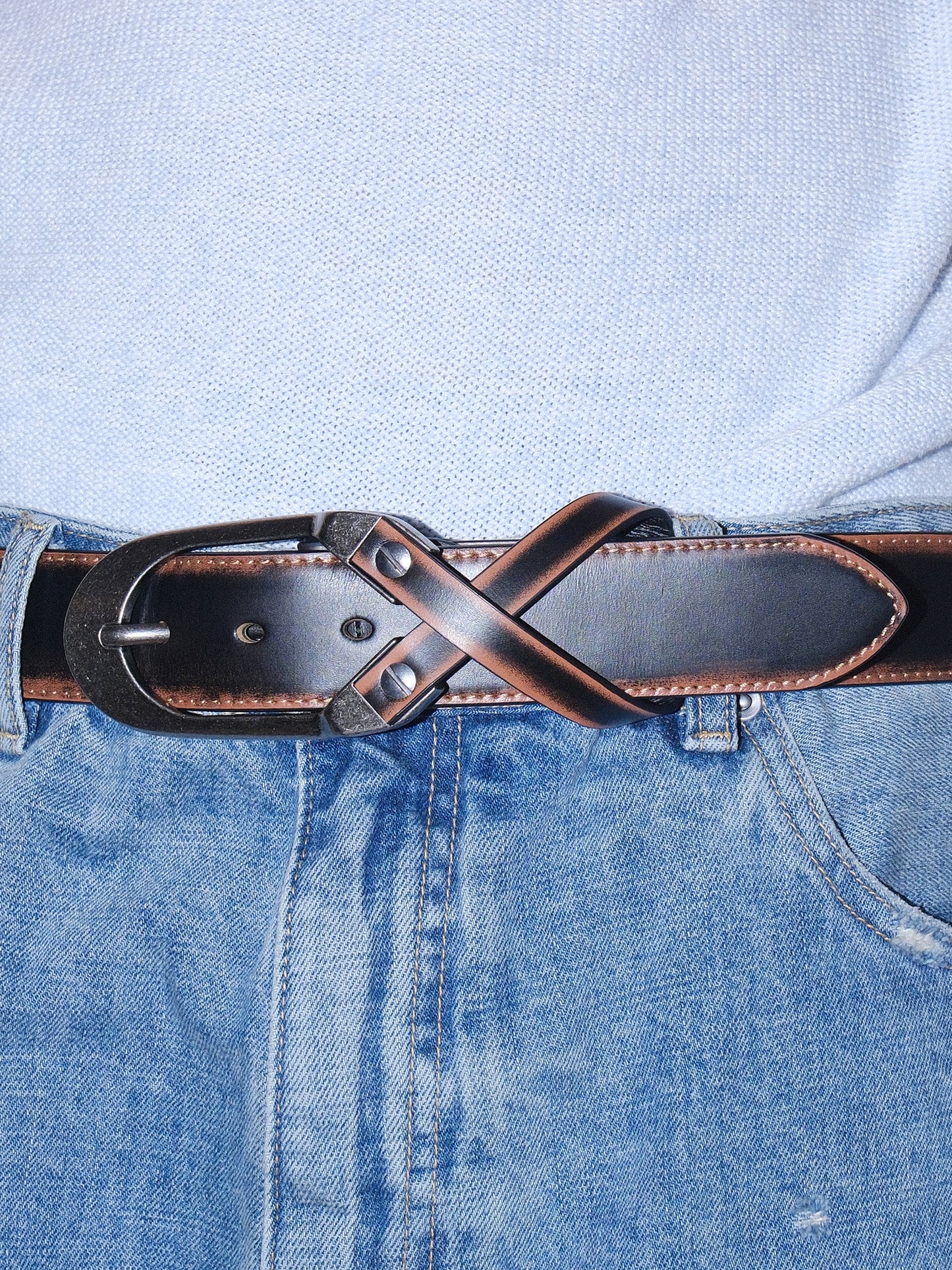 Distressed Cross Buckle Yellow Cowhide Belt