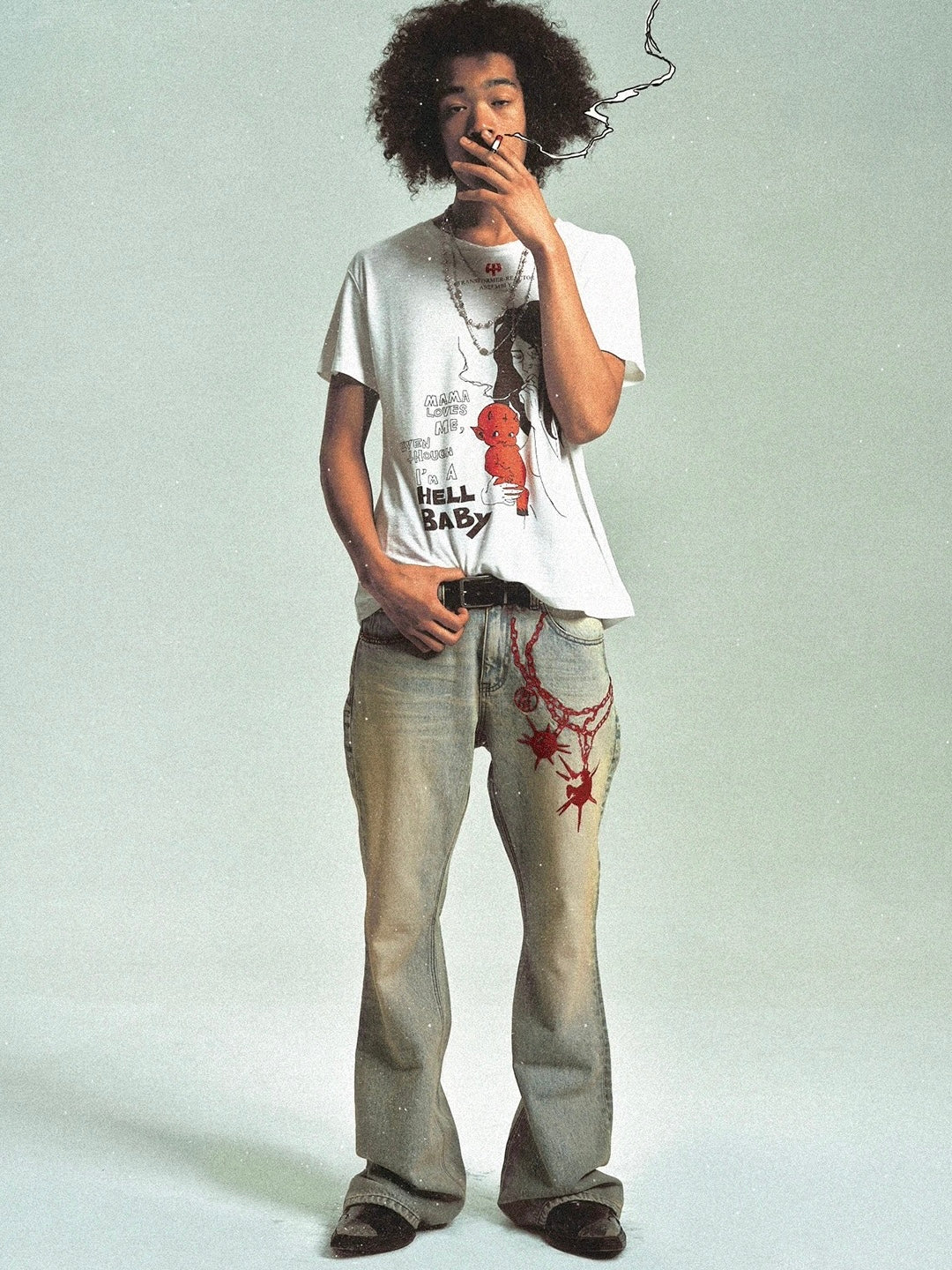Retro Distressed Jeans with Meteor Mace Chain Embroidery