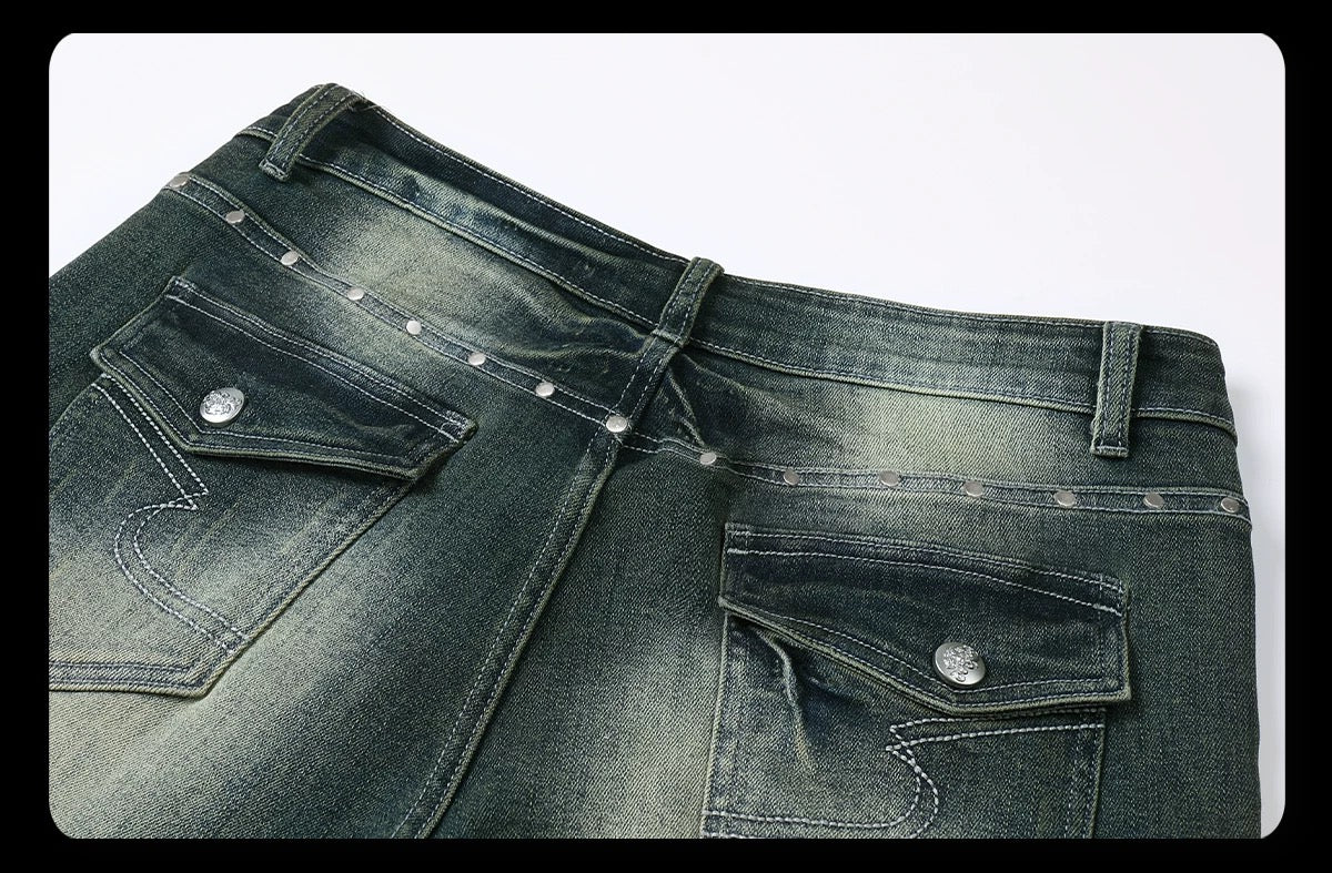 Ripple Wash Studded Jeans - Yellow-Green Contrast Whiskering Baggy Denim