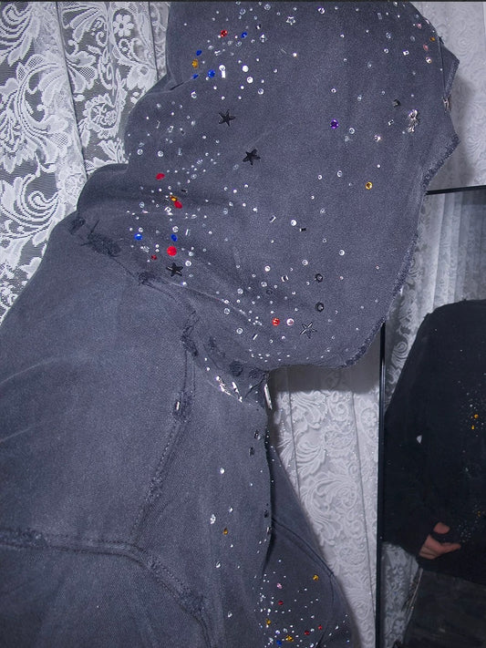 ラインストーンスターリーダメージ加工ジップアップジャケット