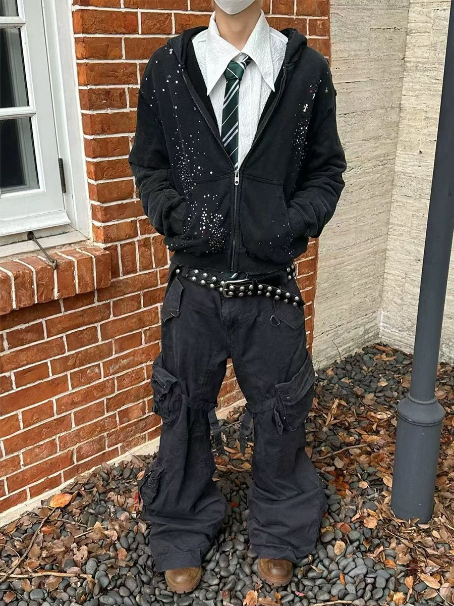 Rhinestone Starry Distressed Zip Up Jacket