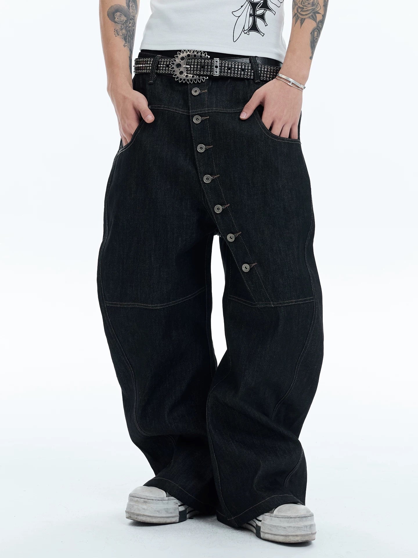 Curved Blade Cut Raw Denim Jeans