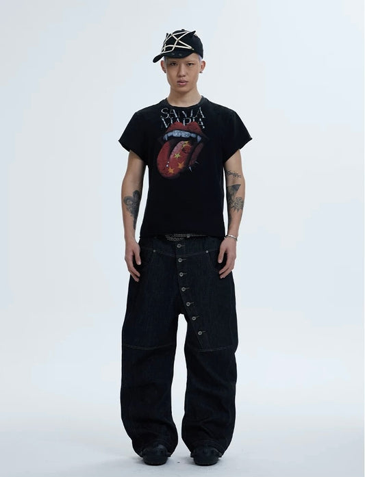 カーブブレードカットのローデニムジーンズ