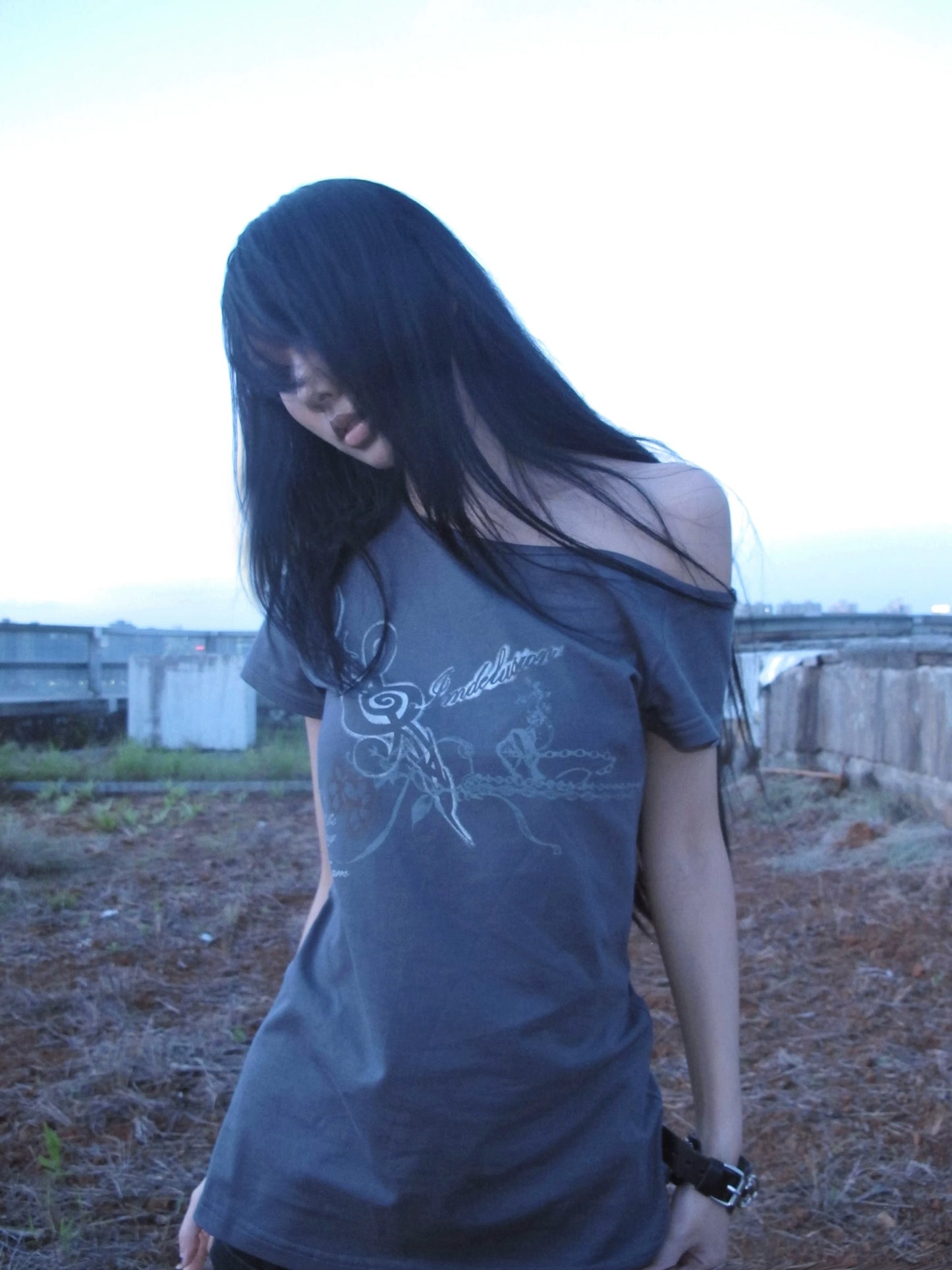 Cotton Off Shoulder Slim Fit Punk Print T-Shirt
