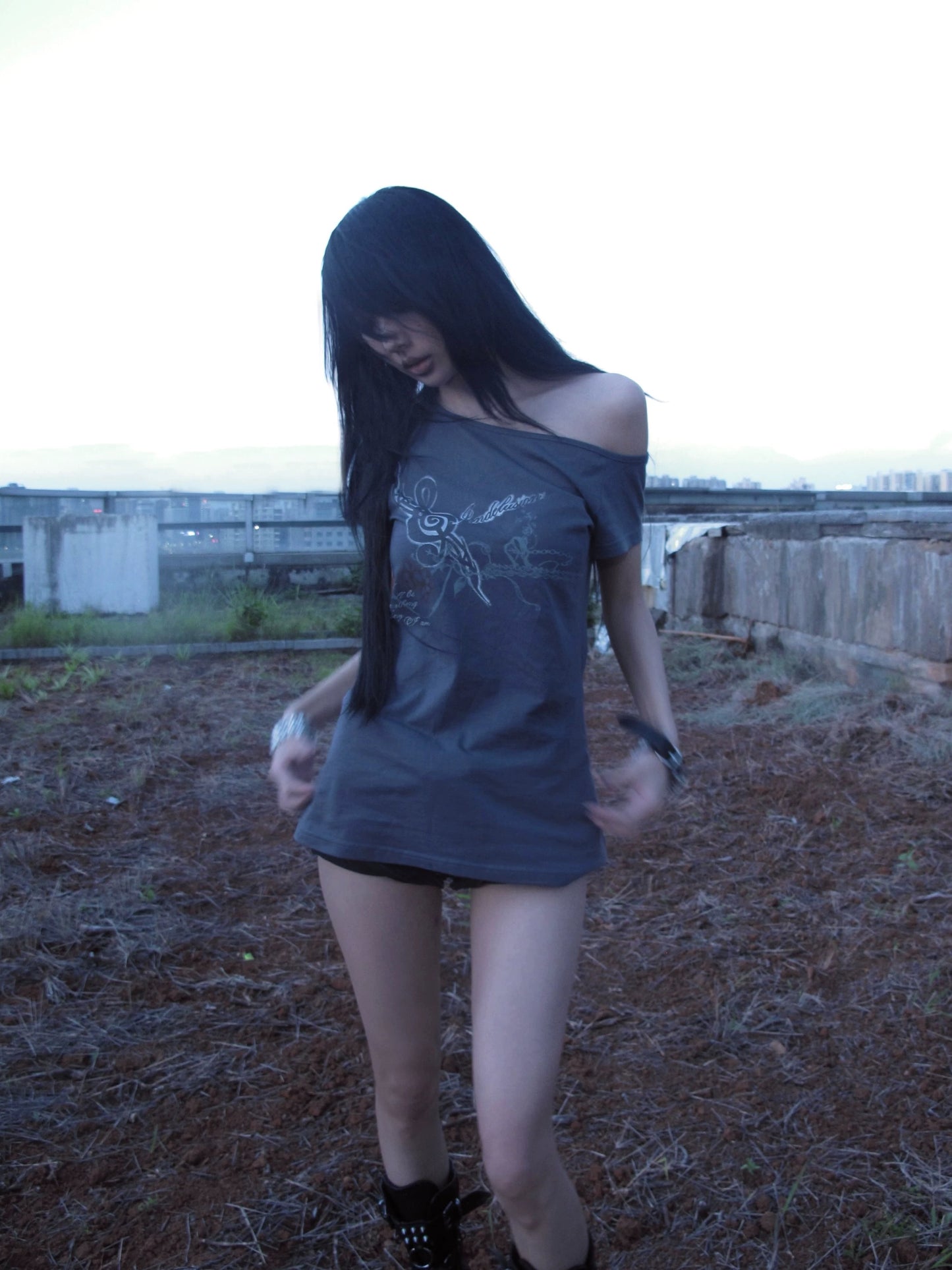 Cotton Off Shoulder Slim Fit Punk Print T-Shirt