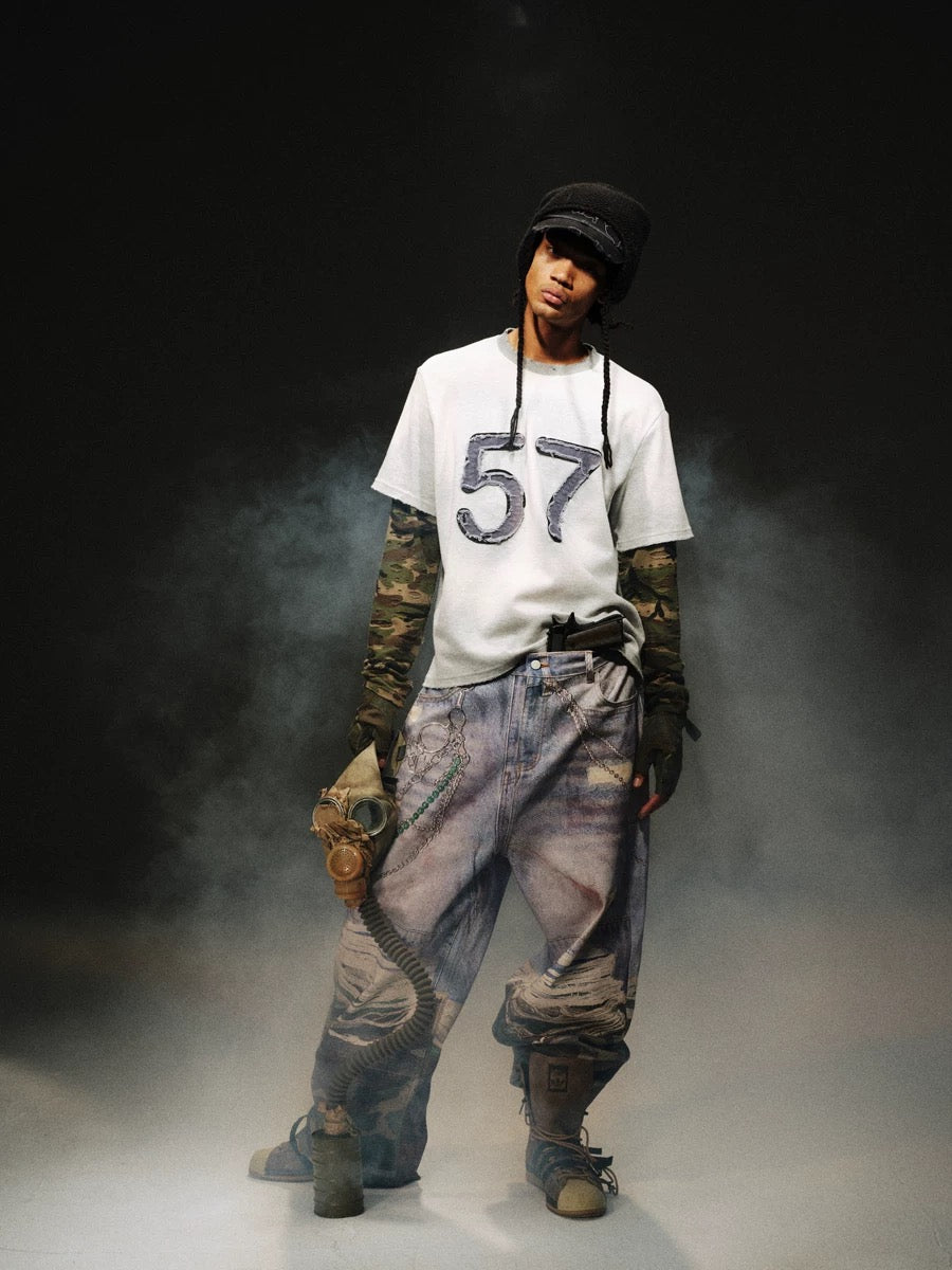 Retro Camouflage Patch Destroyed Layered Shirt