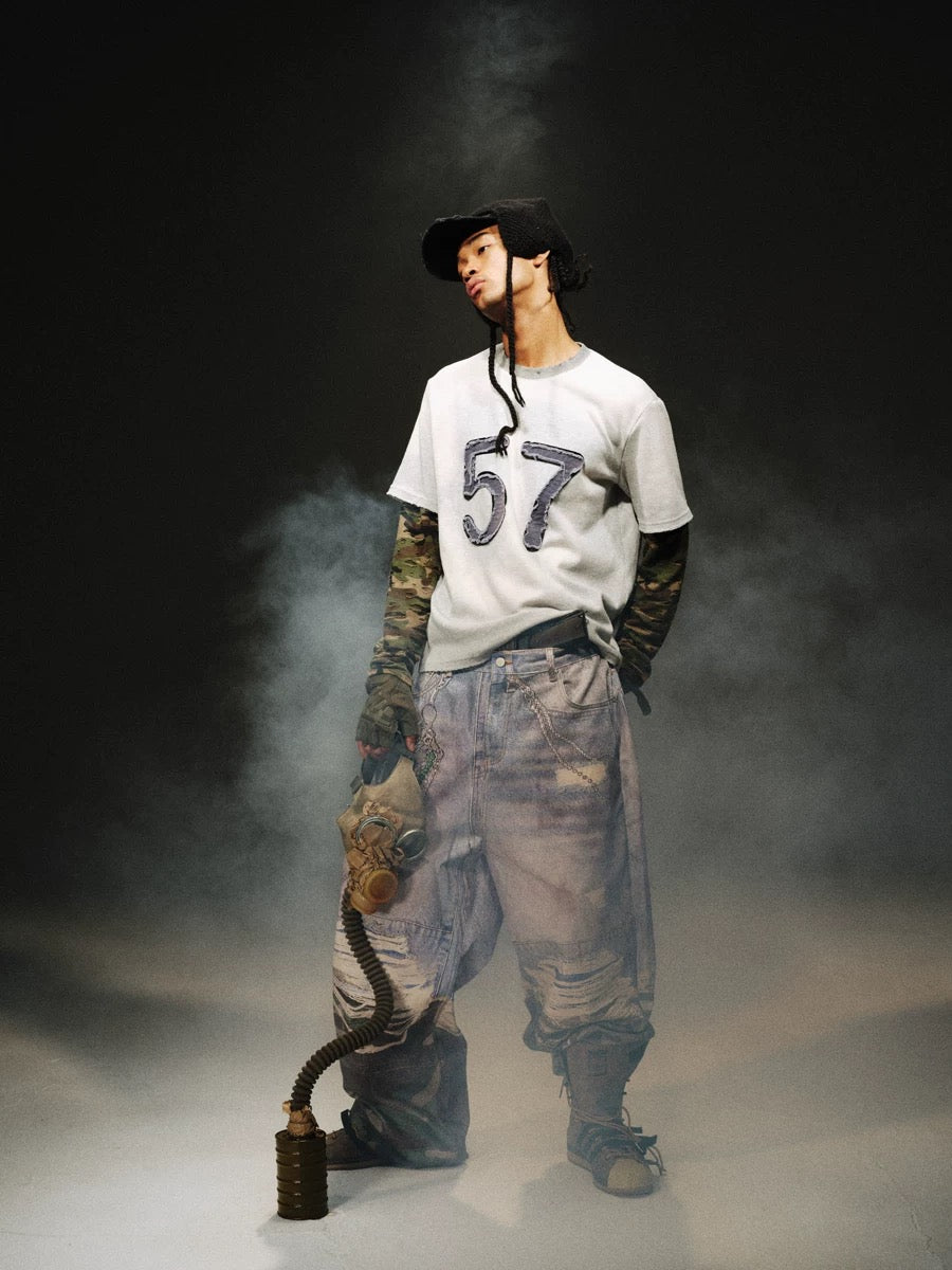 Retro Camouflage Patch Destroyed Layered Shirt