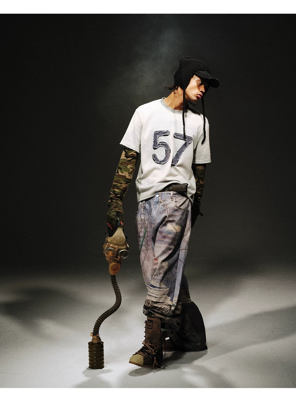 Retro Camouflage Patch Destroyed Layered Shirt