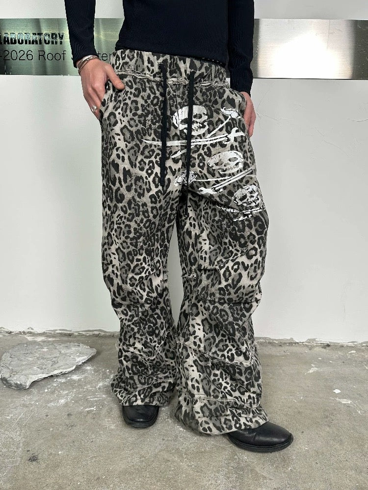 Unisex Leopard Print Pleated Cargo Pants