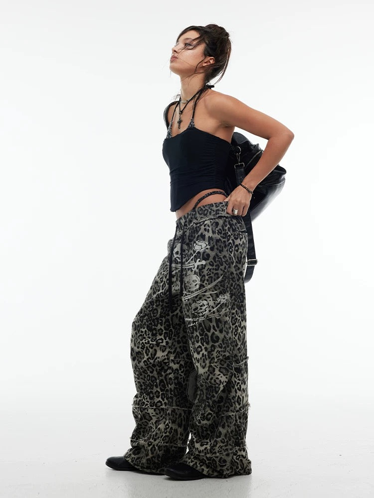 Unisex Leopard Print Pleated Cargo Pants
