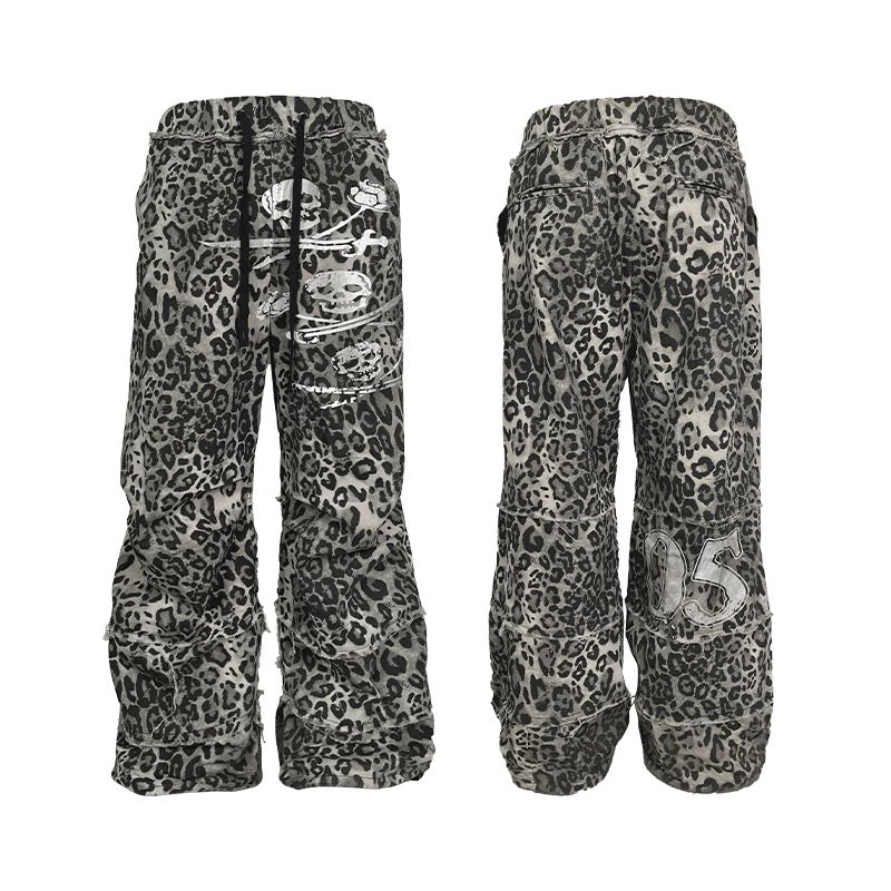 Unisex Leopard Print Pleated Cargo Pants