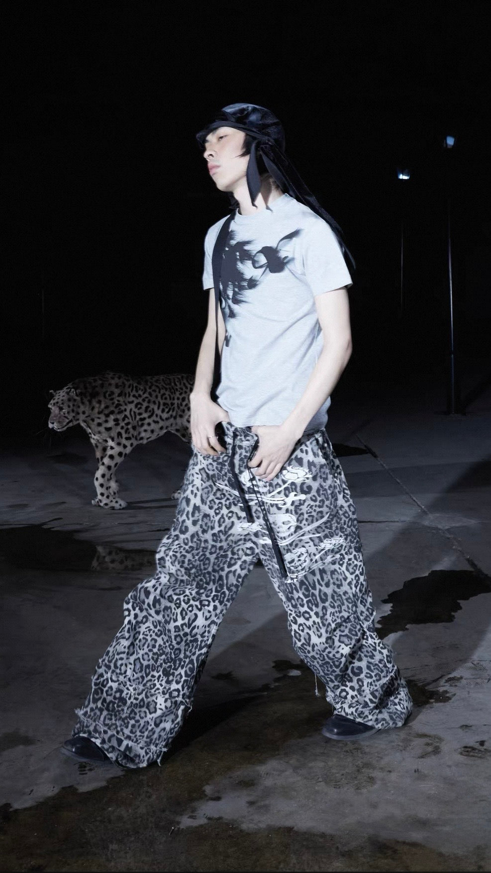 Unisex Leopard Print Pleated Cargo Pants