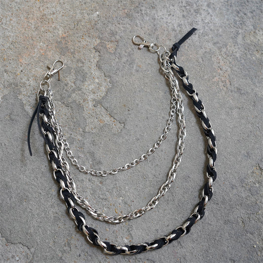 Braided Leather Triple Chain Metal Hook Pants Chain