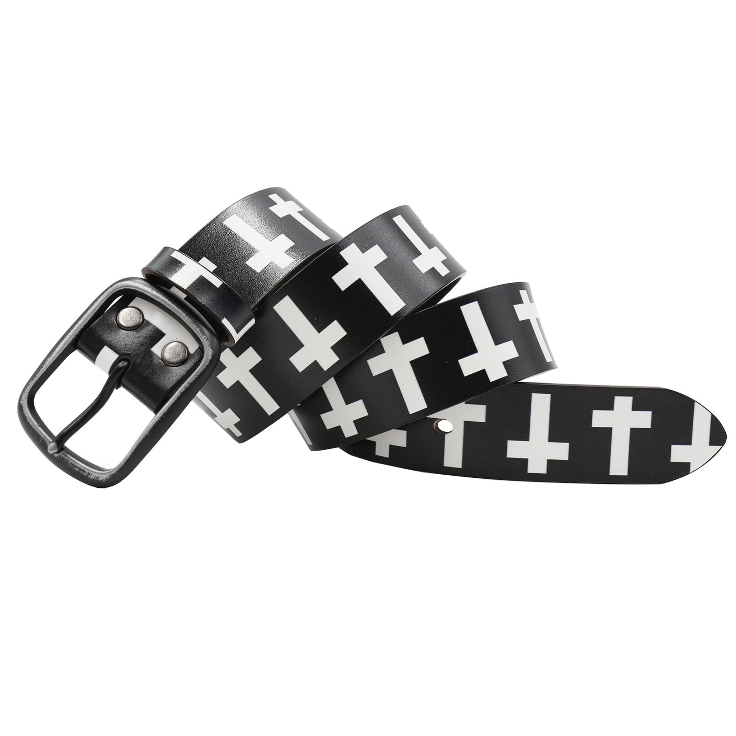 Punk Vintage Cross Print Distressed Leather Belt