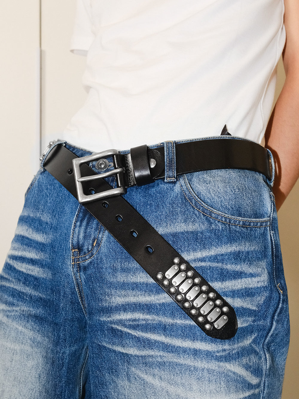 Genuine Leather Square Buckle Studded Belt