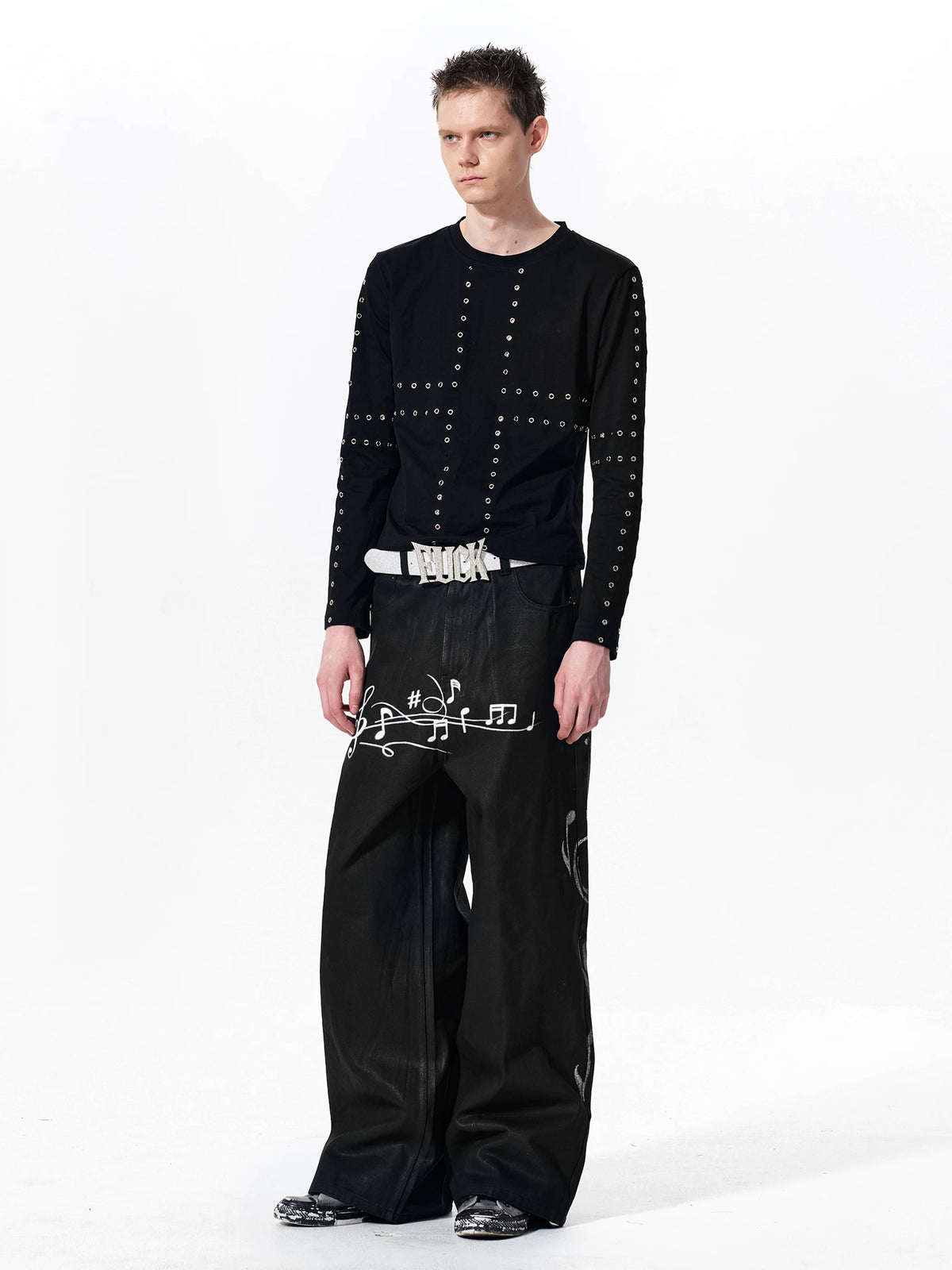 Fourth3ex Waxed Denim Music Note Print Straight Jeans - Black full outfit angle