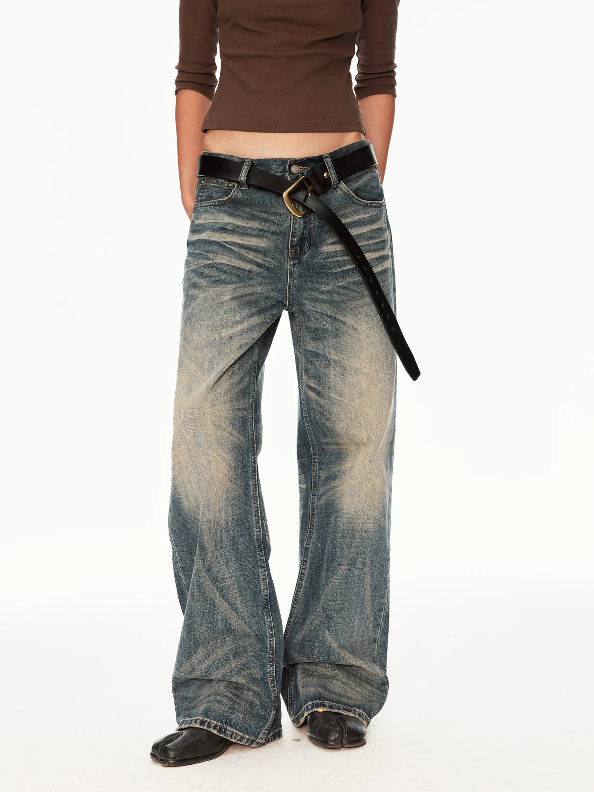 Vintage Wash Whiskered Distressed Straight Jeans - front with belt