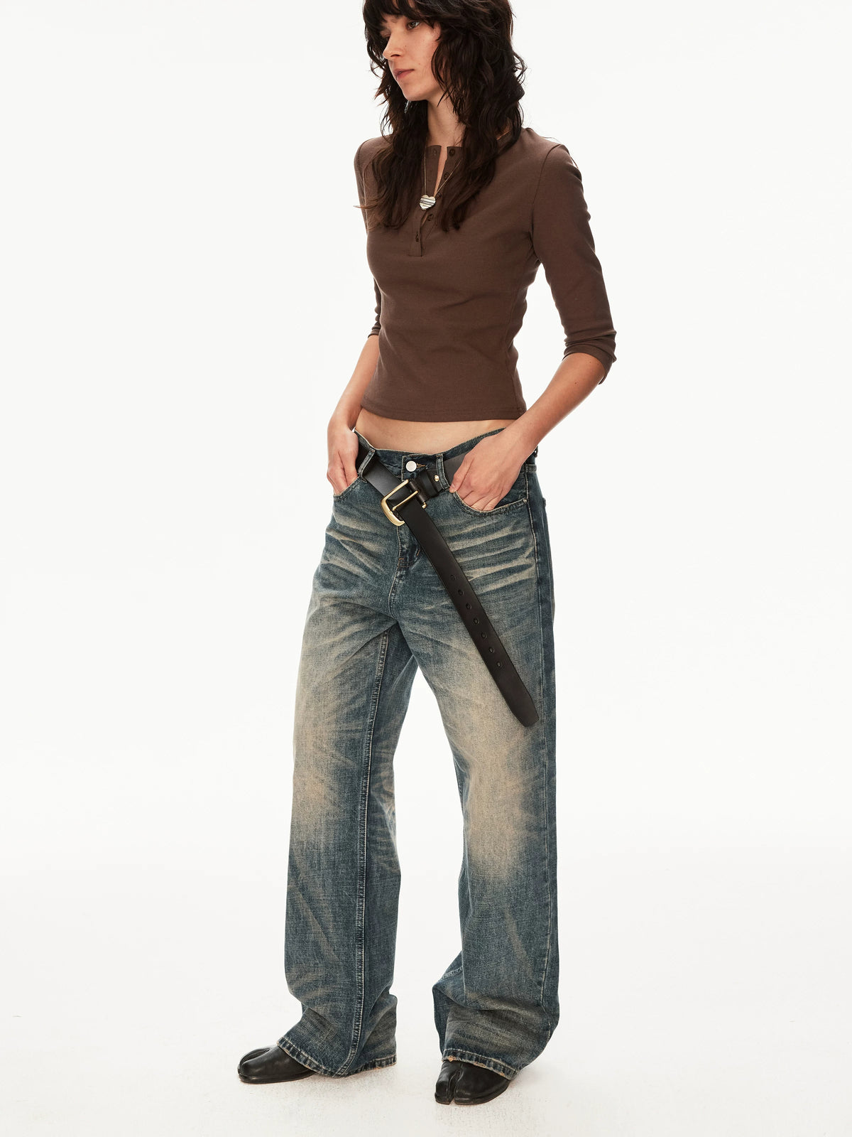 Vintage Wash Whiskered Distressed Straight Jeans - side view