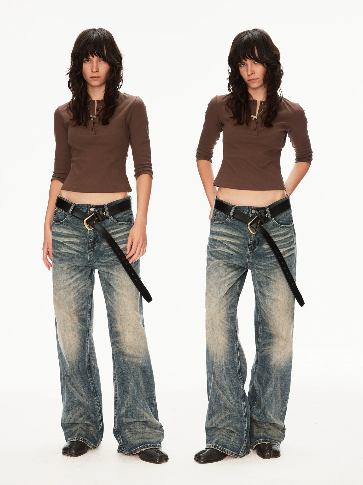 Vintage Wash Whiskered Distressed Straight Jeans - front, two looks