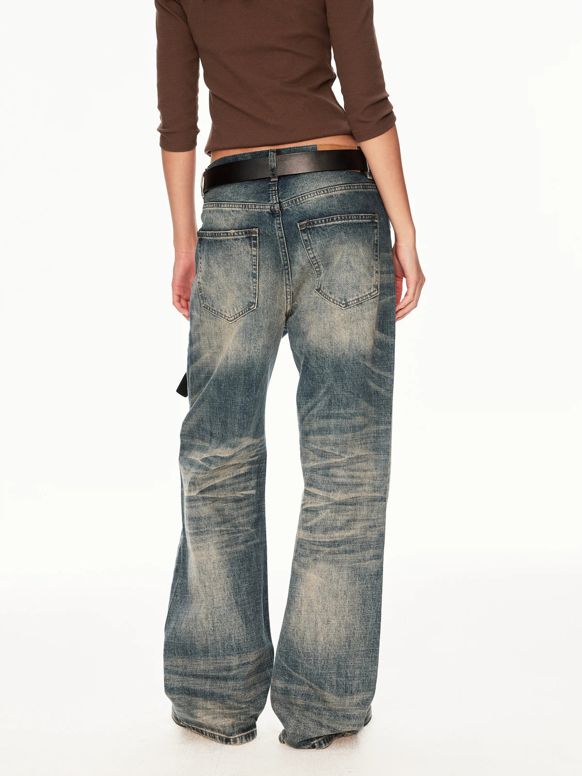 Vintage Wash Whiskered Distressed Straight Jeans - back view