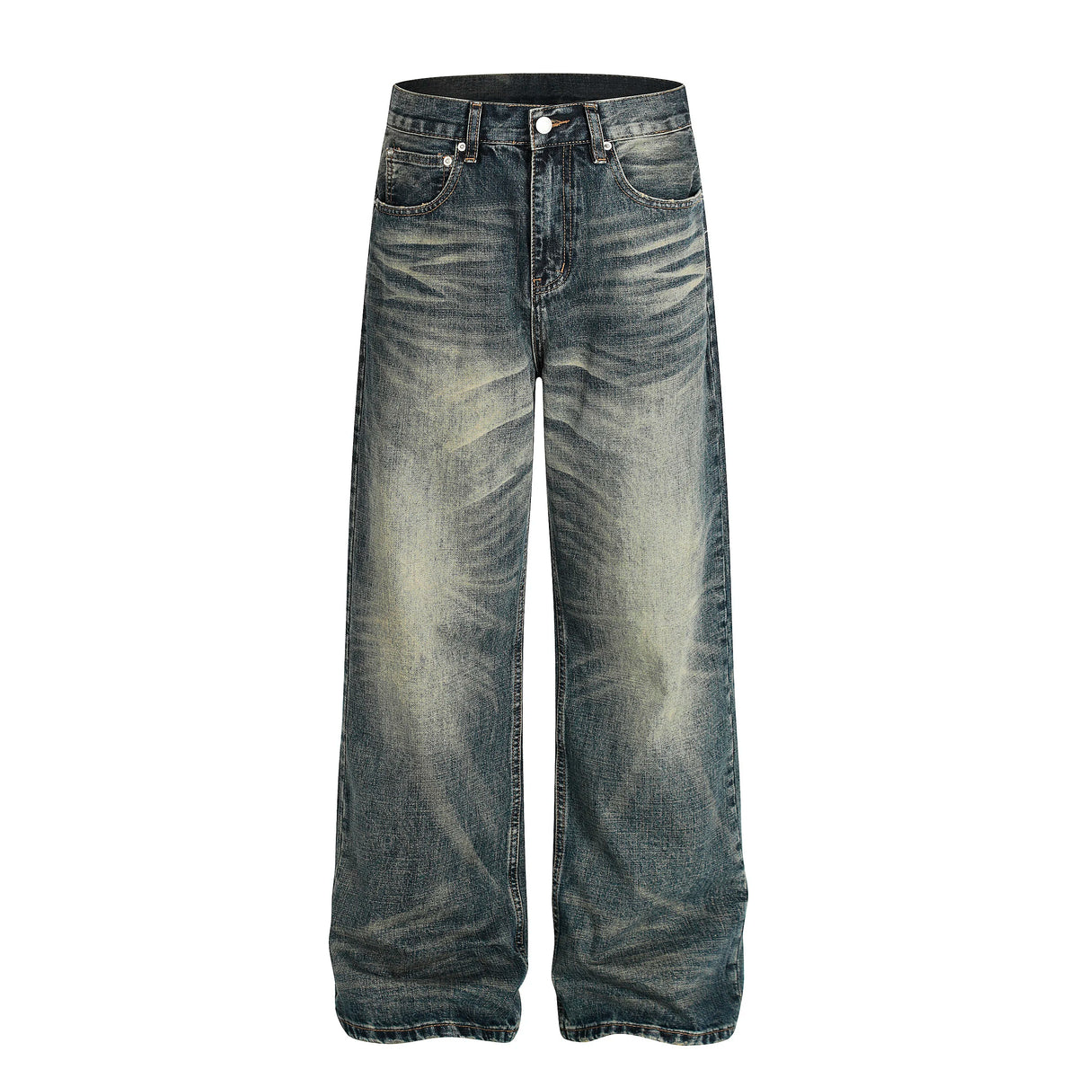 Vintage Wash Whiskered Distressed Straight Jeans - flat lay