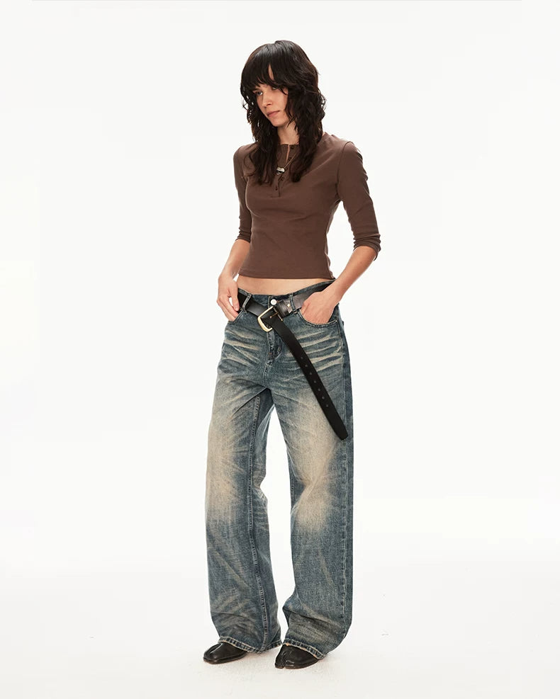 Vintage Wash Whiskered Distressed Straight Jeans - front relaxed pose