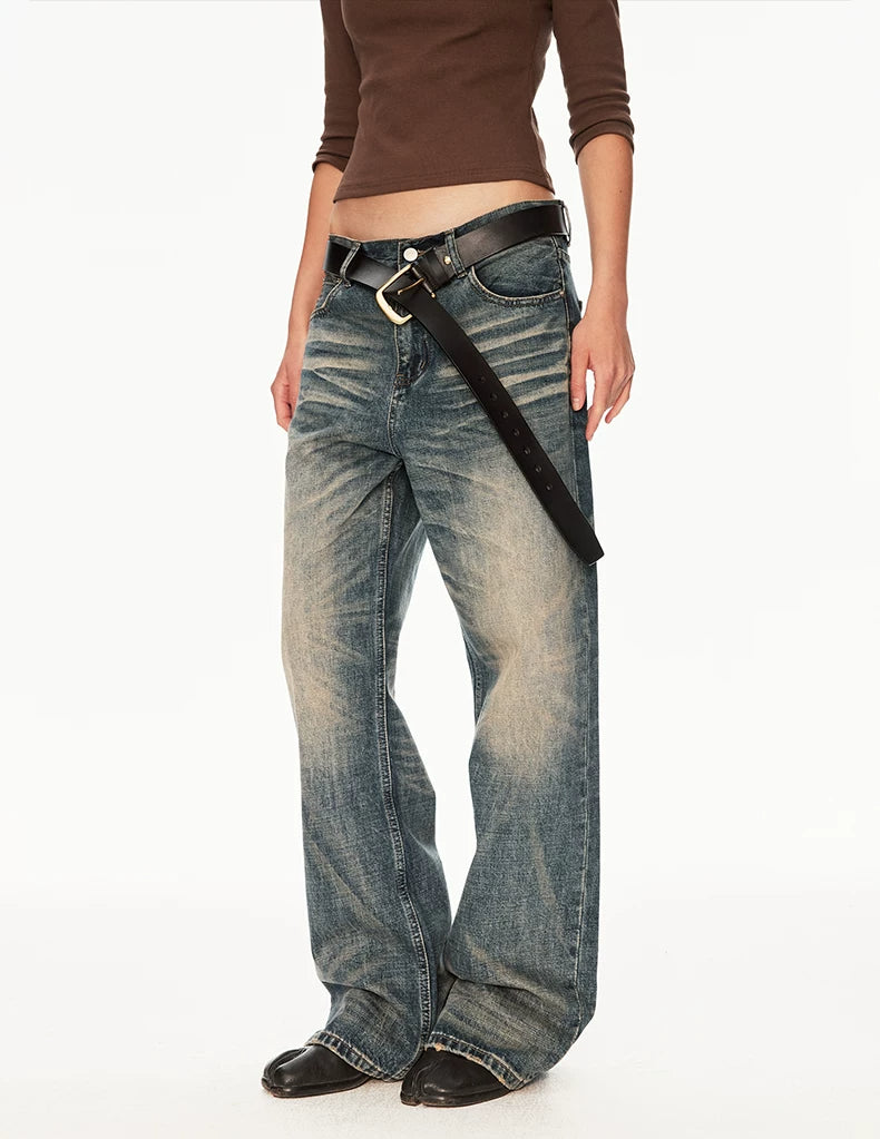 Vintage Wash Whiskered Distressed Straight Jeans - front close-up