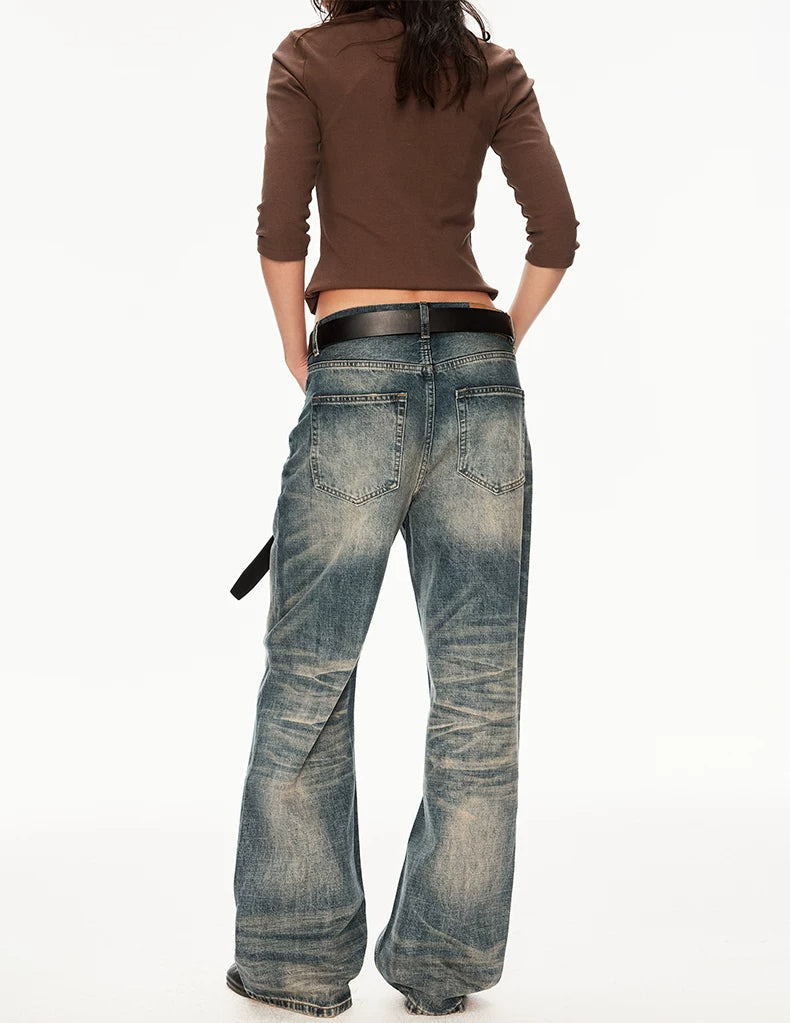 Vintage Wash Whiskered Distressed Straight Jeans - back close-up