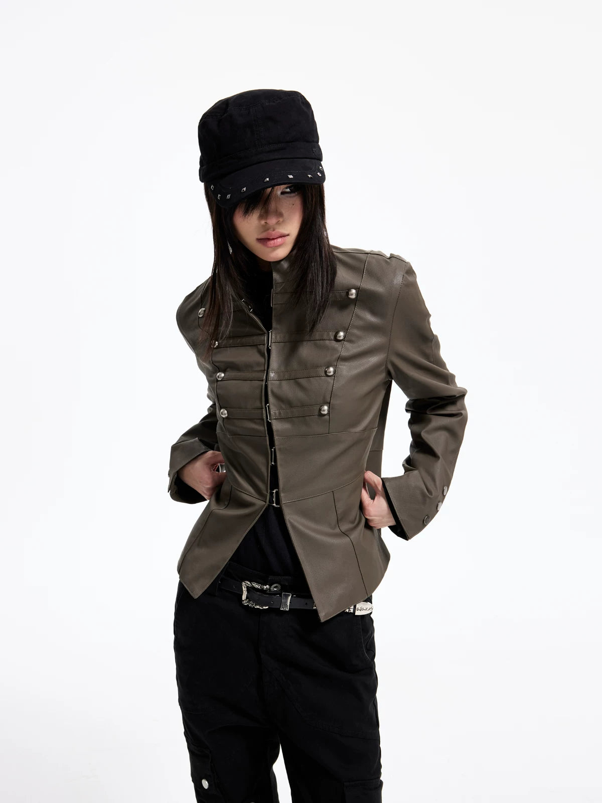 Napoleon Military Faux Leather Jacket - Olive front