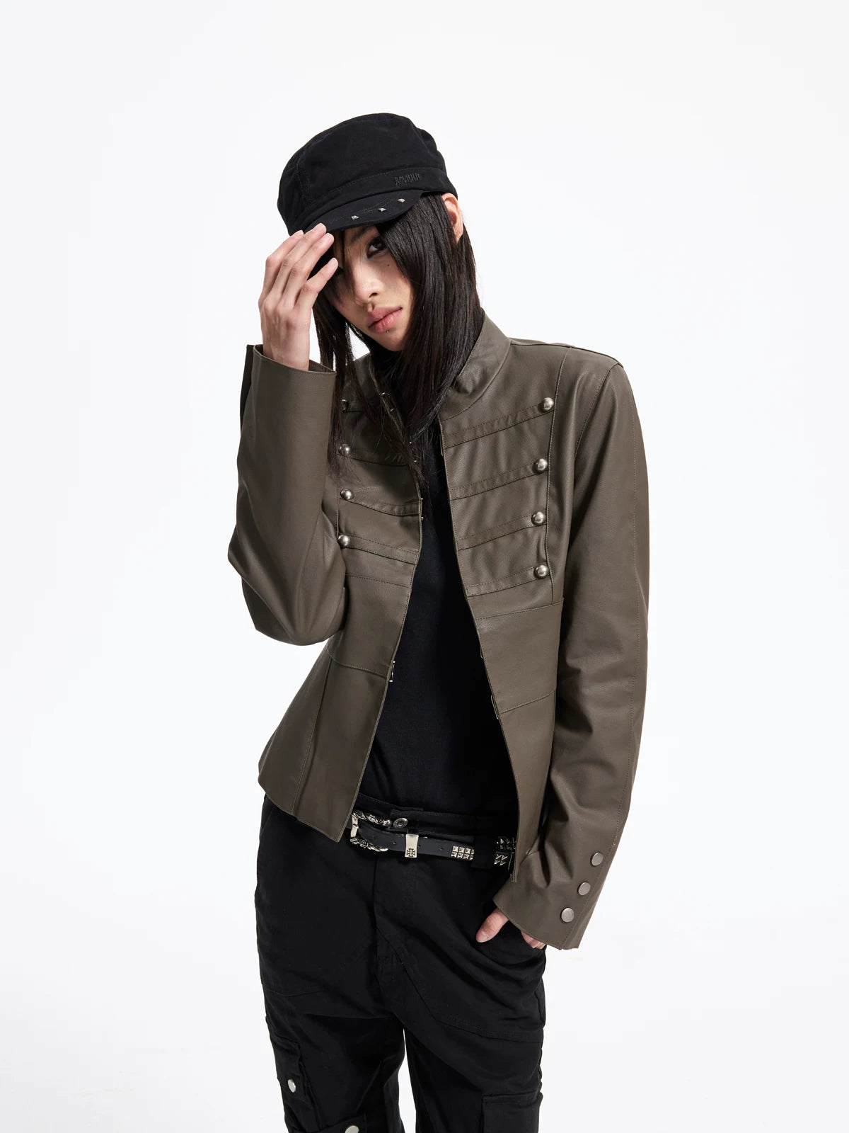 Napoleon Military Faux Leather Jacket - Olive front pose