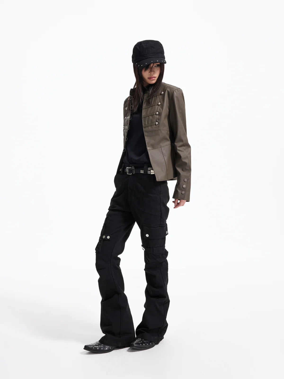 Napoleon Military Faux Leather Jacket - Olive full body