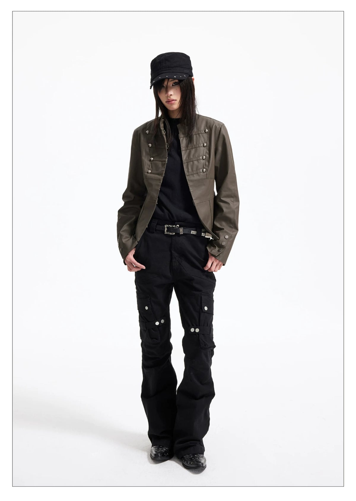 Napoleon Military Faux Leather Jacket - Olive full body front