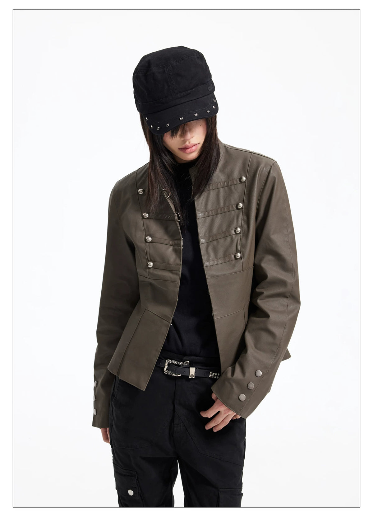 Napoleon Military Faux Leather Jacket - Olive close-up