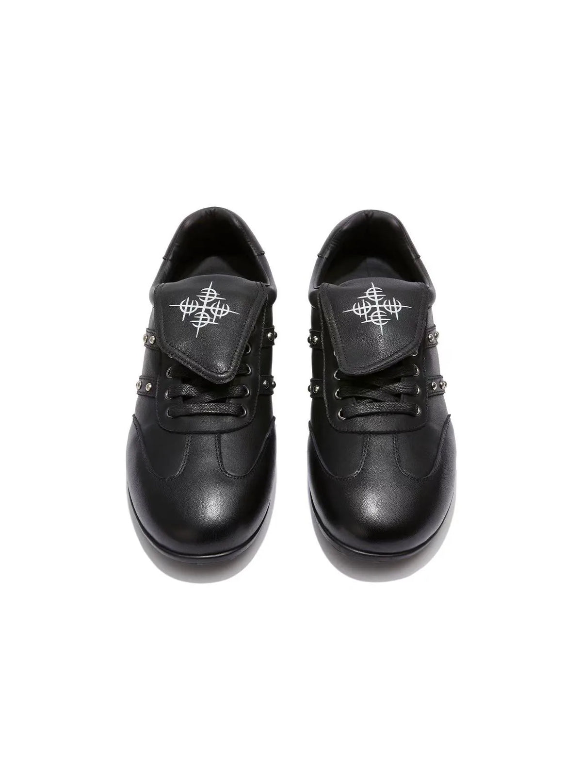 DETW Cross Flap Studded Leather Racing Sneakers - Black top view