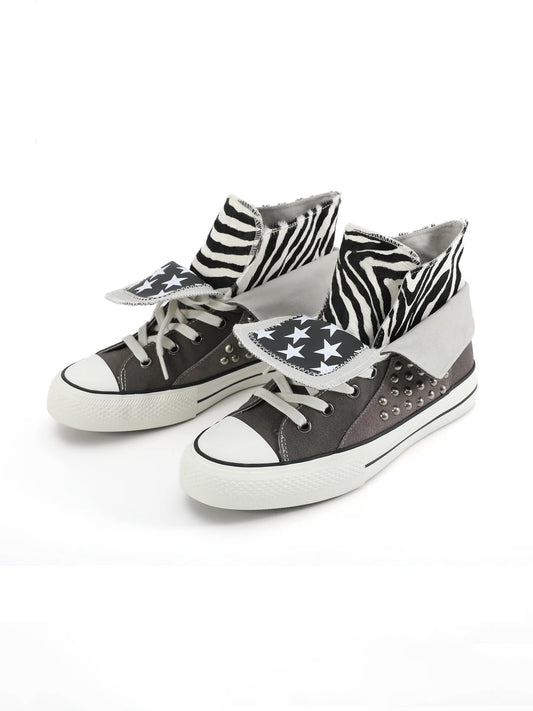 NumbAsia Studded Pony Hair Fold-Over Canvas High-Top Sneakers - Gray Zebra pair front view