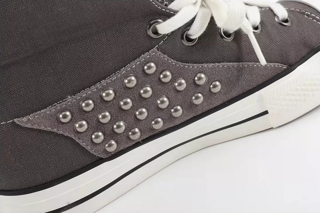 NumbAsia Studded Pony Hair Fold-Over Canvas High-Top Sneakers - Gray Zebra stud panel detail