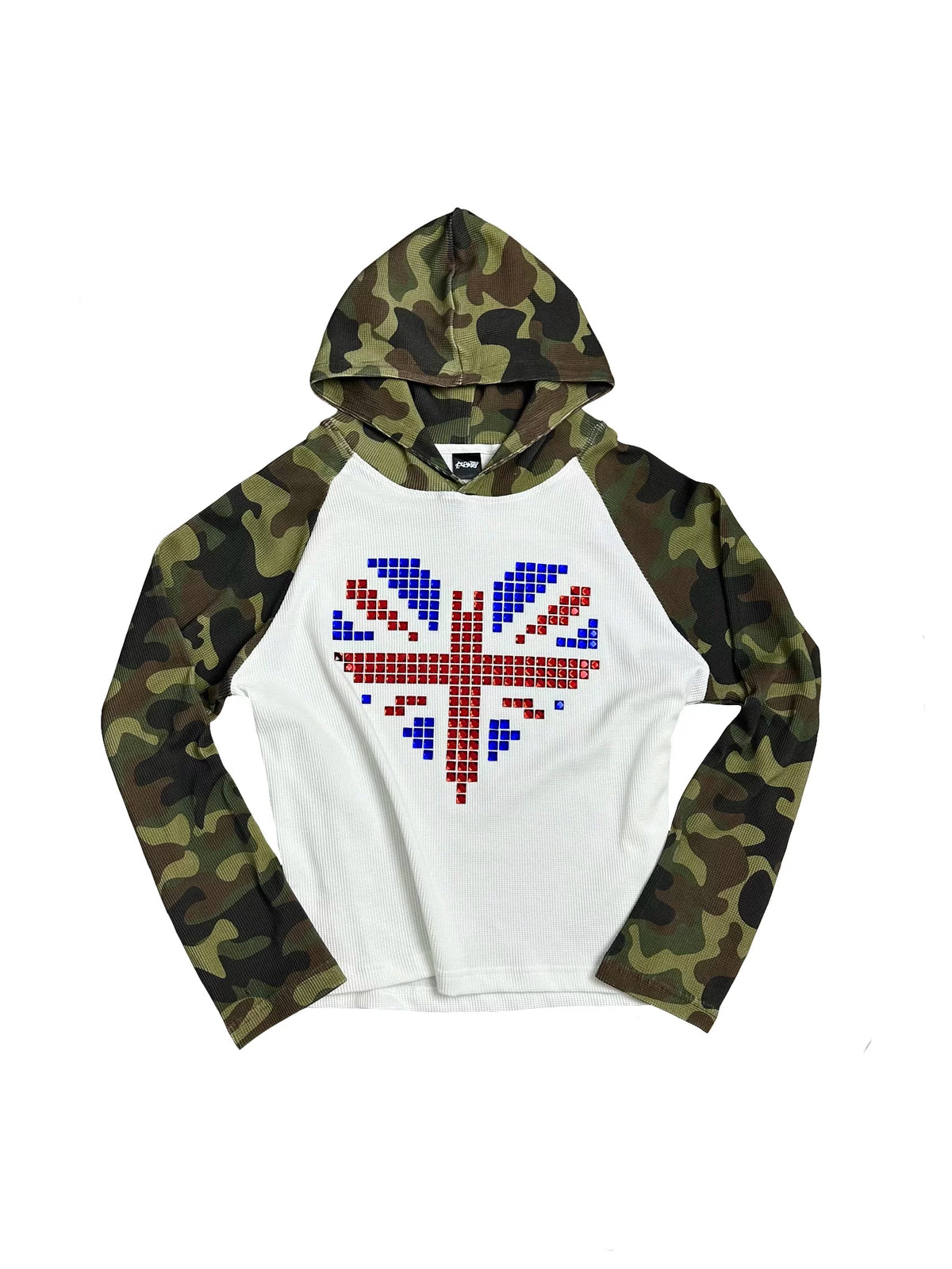 Camo Union Jack Rhinestone Heart Waffle Raglan Hoodie - flat lay front