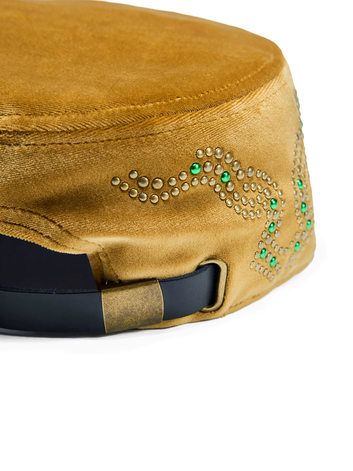 ZHABU XIAO Crown Crest Embroidered Velvet Cadet Cap - Mustard back strap and buckle